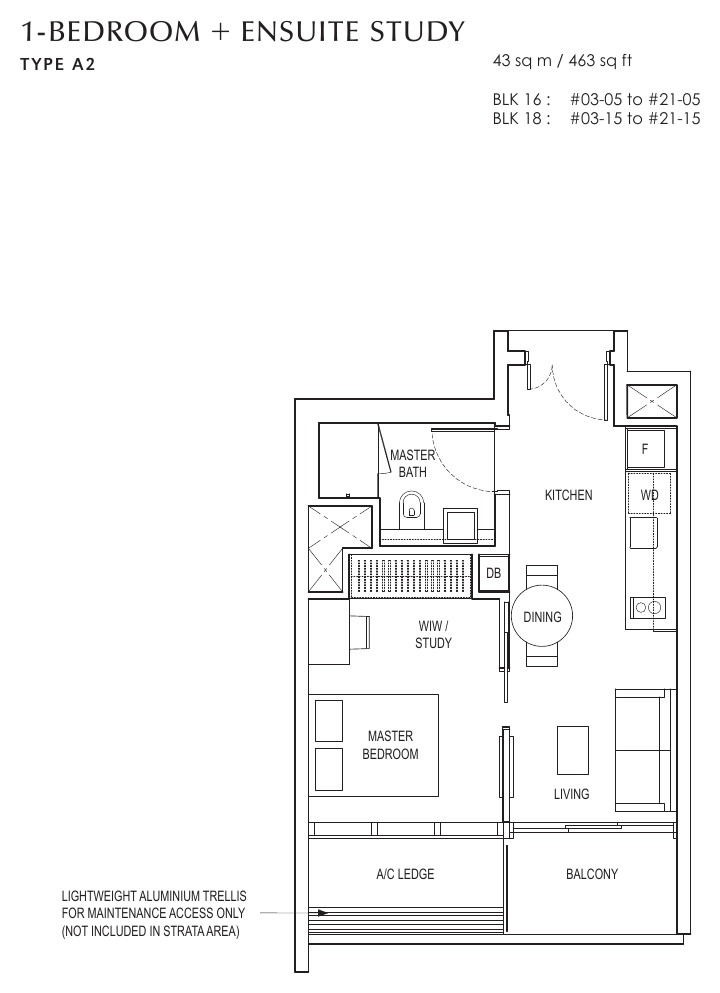 Type A2 · 1-Bedroom + Ensuite Study · 463 sqft