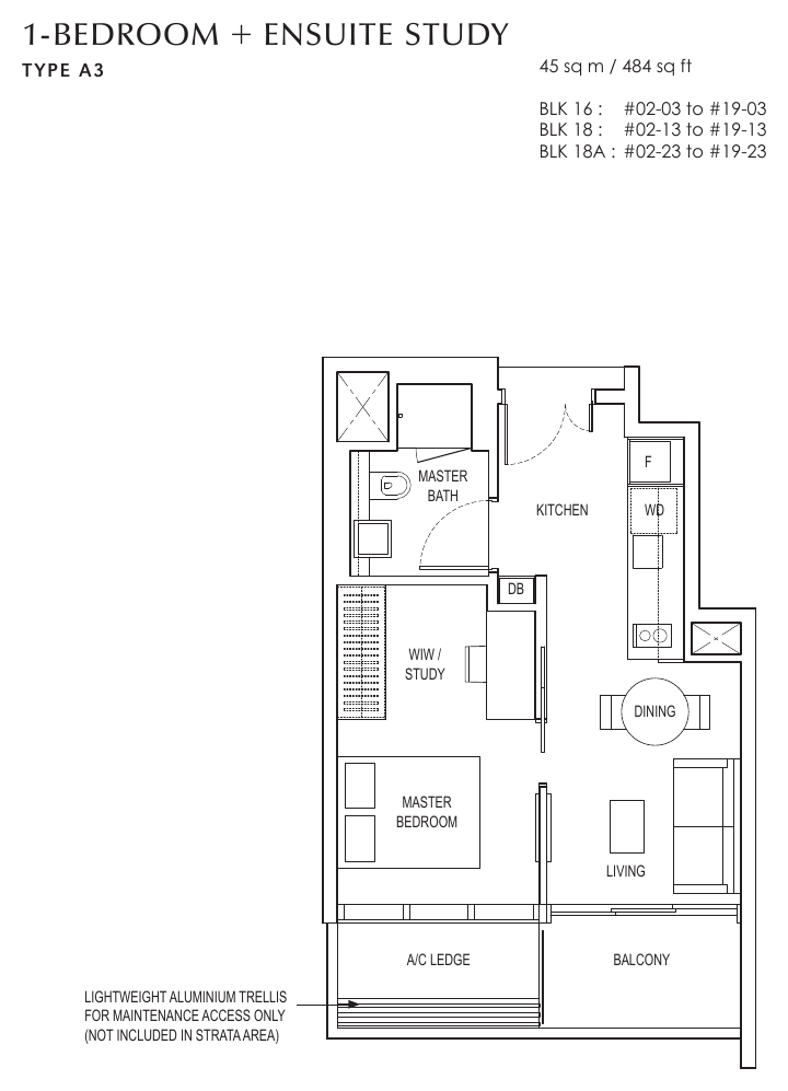 Type A3 · 1-Bedroom + Ensuite Study · 484 sqft