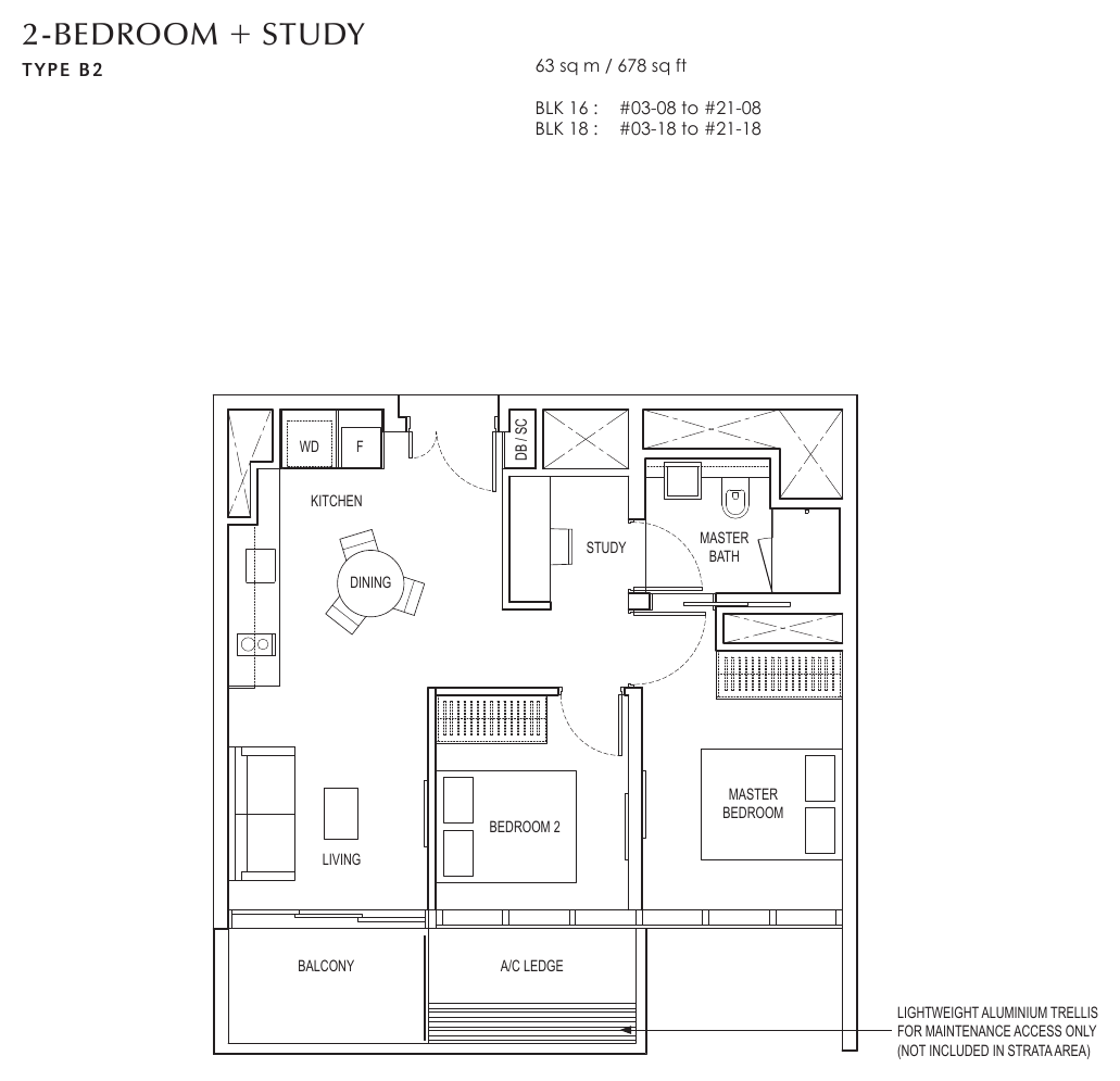 Type B2 · 2-Bedroom + Study · 678 sqft