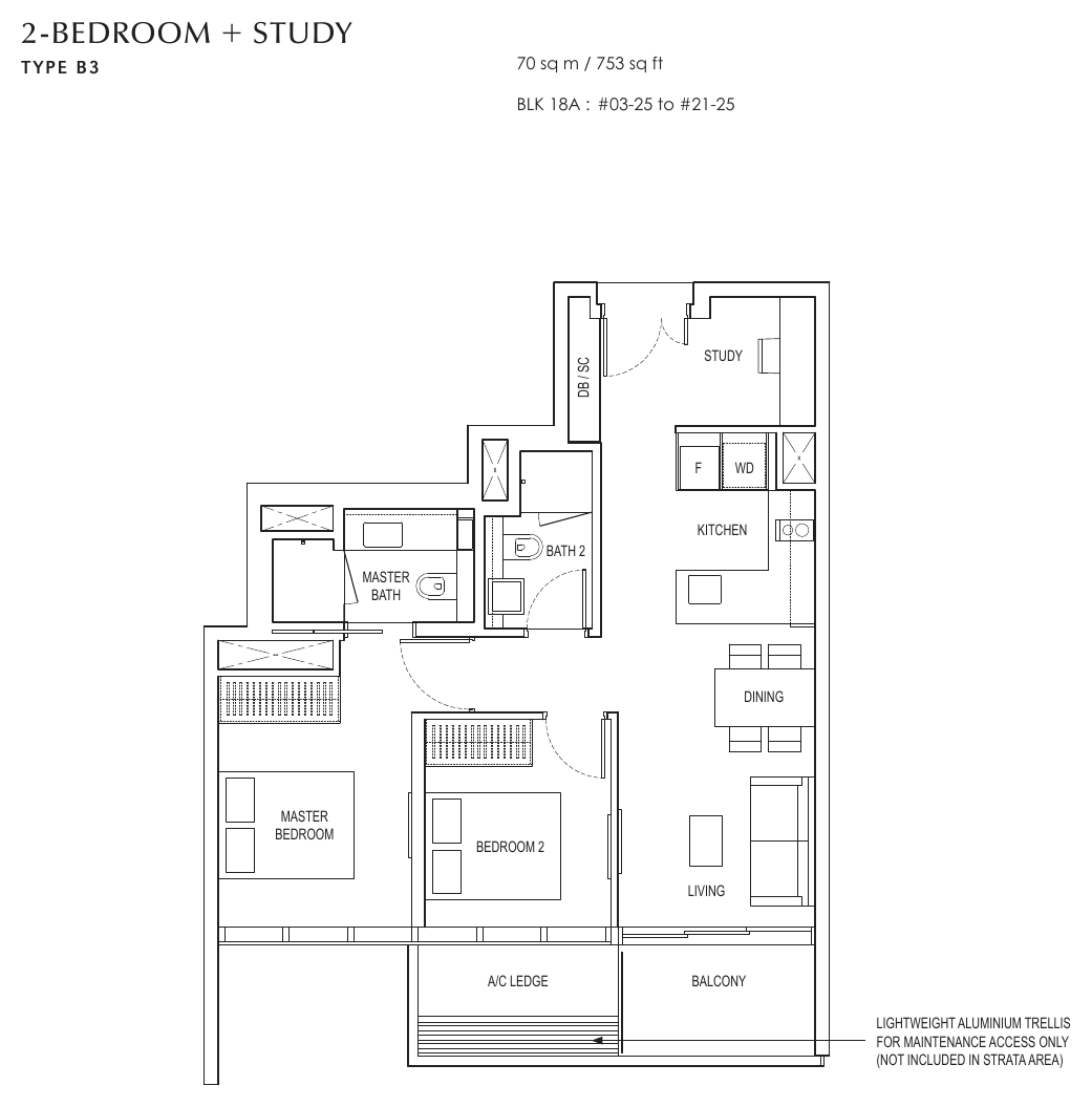Type B3 · 2-Bedroom + Study · 753 sqft