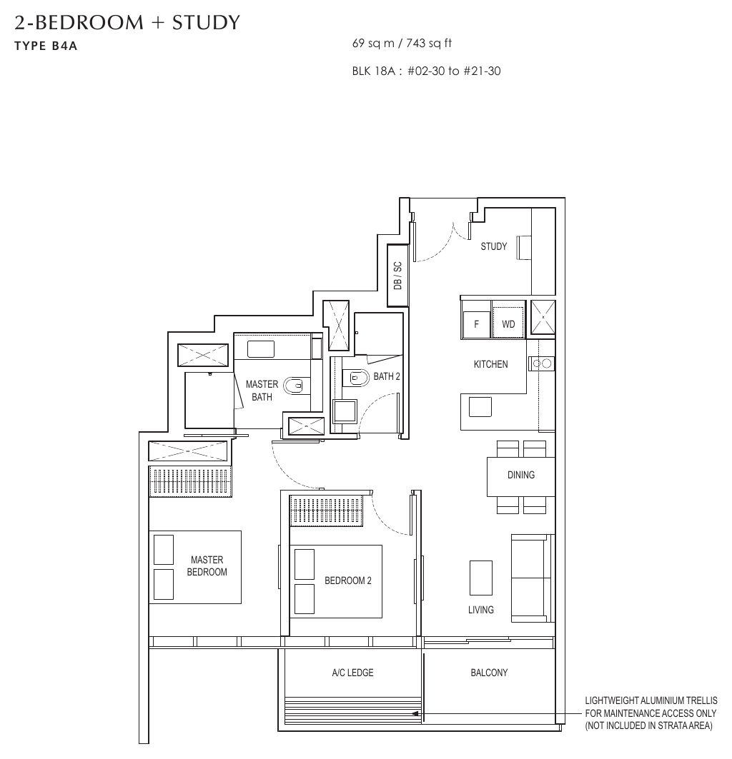 Type B4A · 2-Bedroom + Study · 743 sqft
