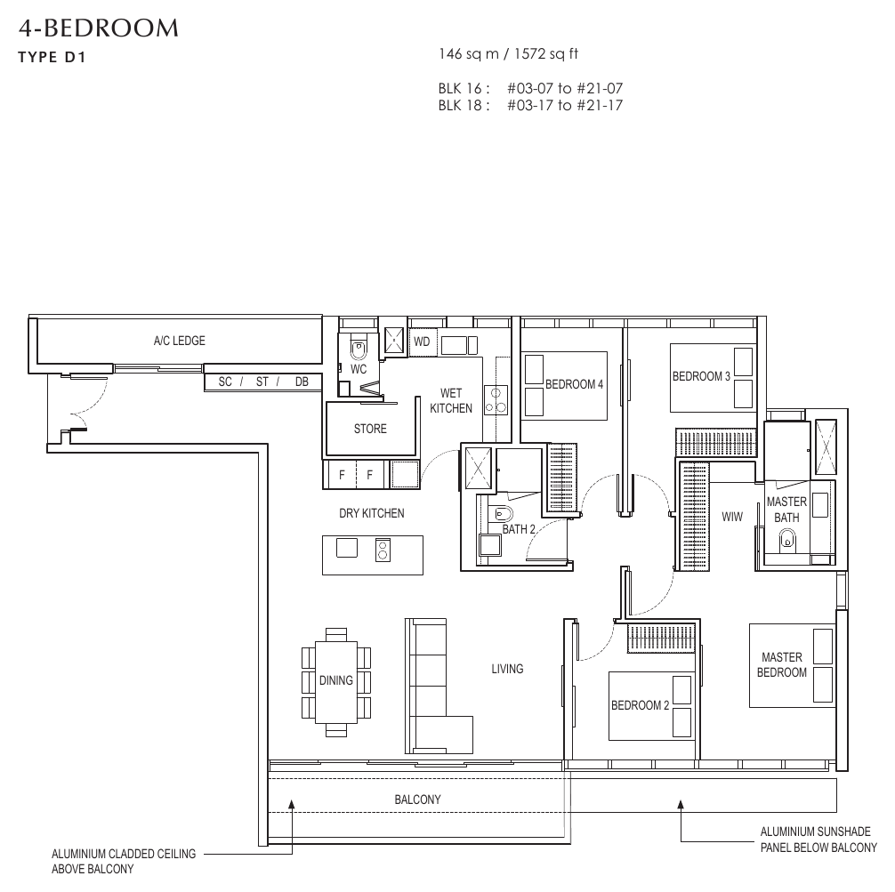Type D1 · 4-Bedroom · 1,572 sqft