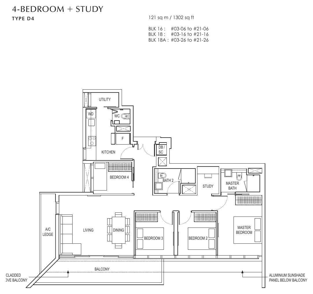 Type D4 · 4-Bedroom + Study · 1,302 sqft